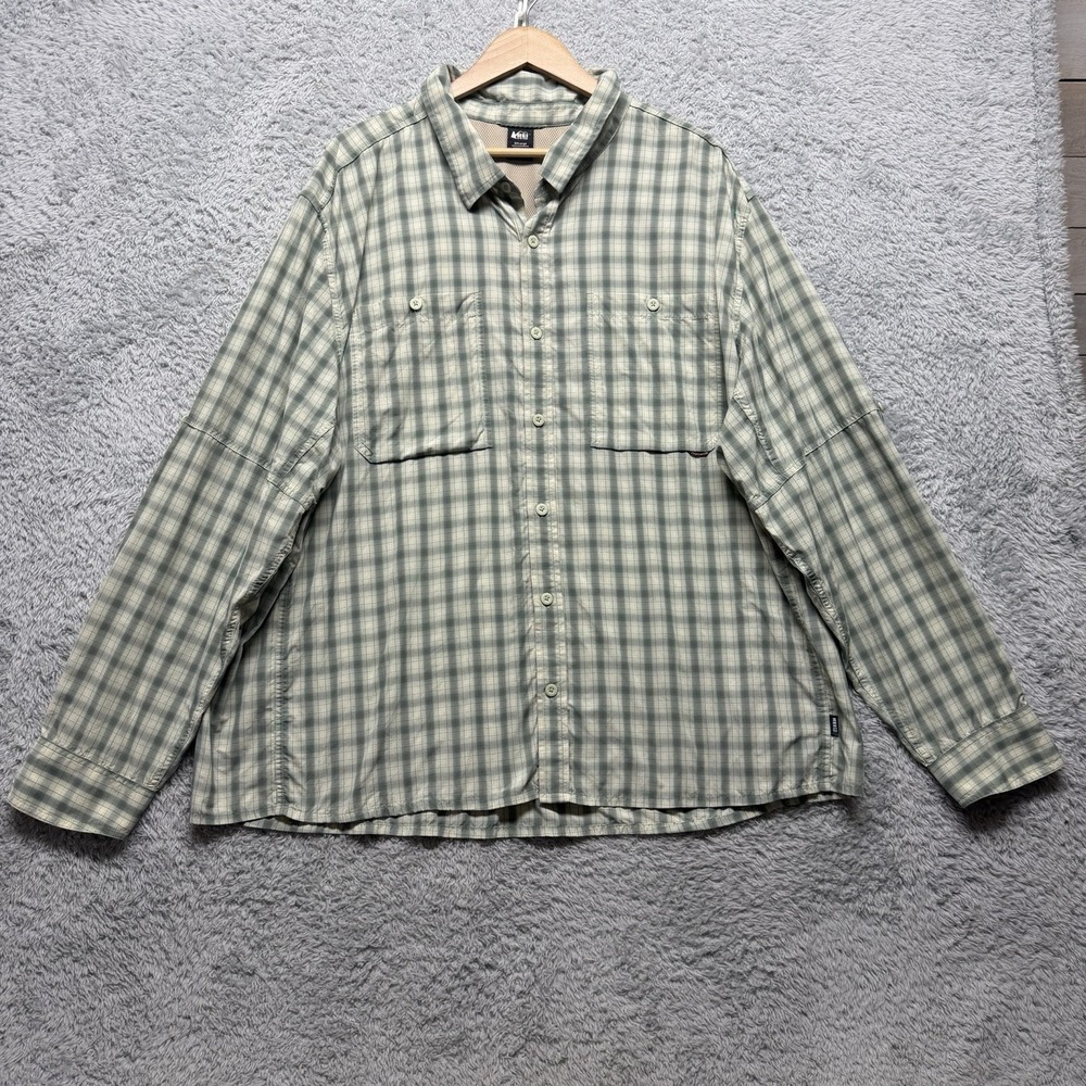 REI Co-op Sahara Tech Shirt Mens 3XL Button Front Green Plaid Vented Roll Tab